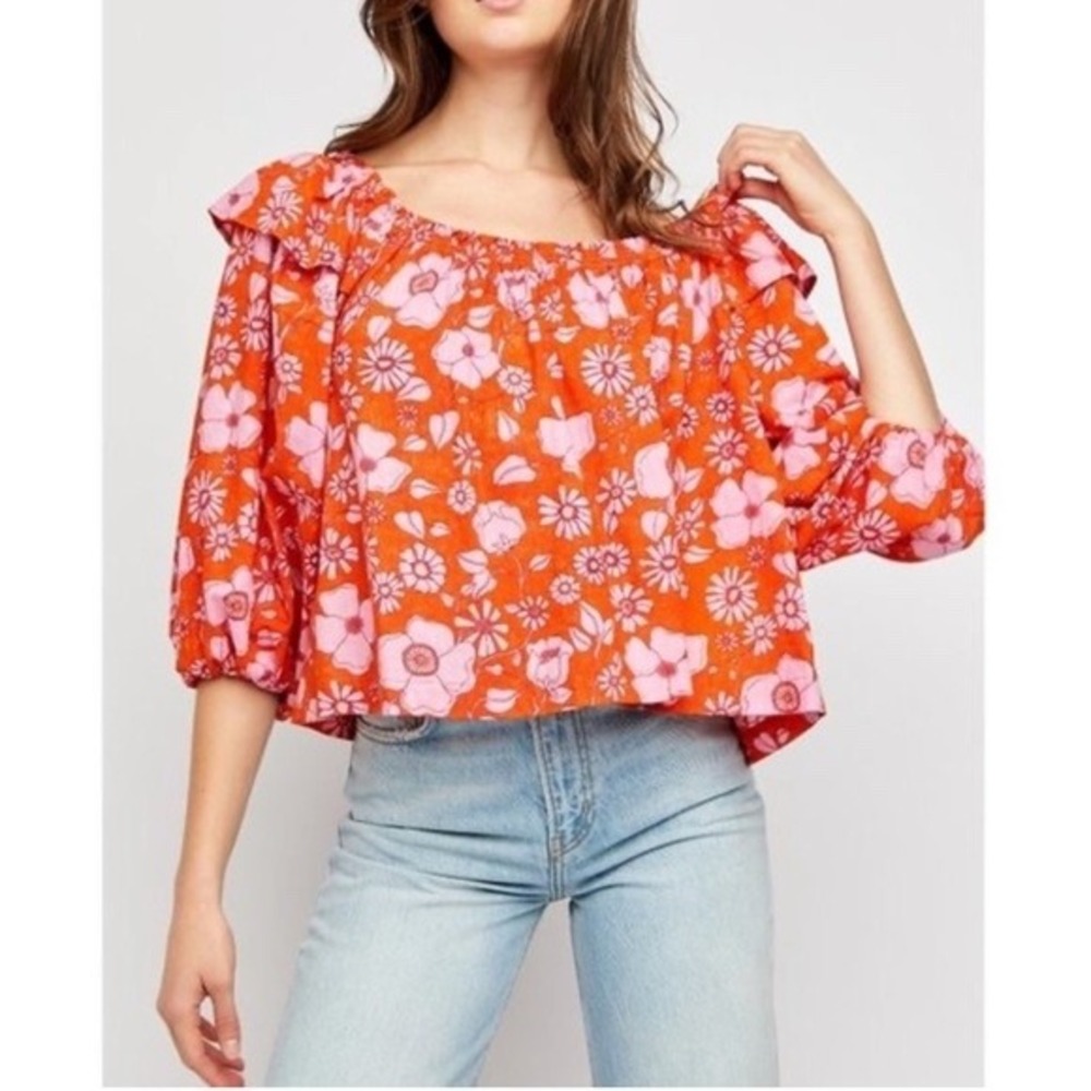 Free People Floral Smocked Ruffle Blouse Orange Pink Boho Balloon Sleeve Large